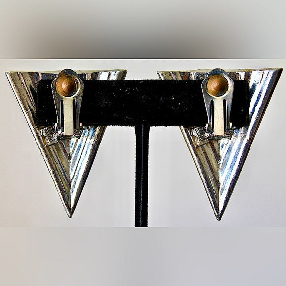 TARA EARRINGS CLIP ON VINTAGE SILVER BLACK CLEAR CRYSTAL SAMPLE 90’s PYRAMID - Picture 4 of 5